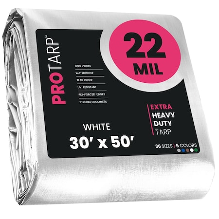 Protarp Heavy Duty Tarp, 30 ft x 50 ft, 22 Mil, White, Polyethylene, Waterproof, Rip and Tear Proof PT-204-30X50